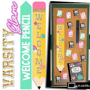 Varsity Glitter Letter Door Decor Welcome Pencil Door Composition Notebook Classroom Decor | Back to School Bulletin Board Varsity Glam Door