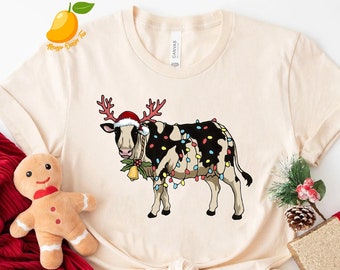 Funny Cow Christmas Lights Shirt, Сute Christmas Cows Shirt, Ugly Christmas Shirt, Womens Cow Shirt, Funny Christmas Shirt, Holiday Gift Tee