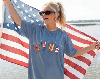 Comfort Colors® Patriotic Food Doodle Shirt, Watermelon Hotdog Firework Shirt, Retro American Shirt, Cute Fourth Of July Summer Tees