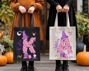 Custom Halloween Alphabet Tote Bag for Kids, Personalized Spooky Season Canvas Bag, Witch Hat Letter Tote, Trick or Treat Bag