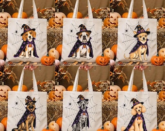 Funny Dogs Halloween Tote Bag,  Custom Dog Breeds Bag,  Trick Or Treat Kids Tote Bag, Spooky Gift Bag, Dog Lover
