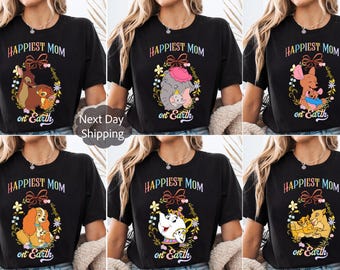 Happiest Mom On Earth Mama & Baby Characters Shirt, Coquette Bow Mom T-Shirt, Mother's Day Gift For Mom, Disneyland Family Trip Outfit