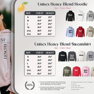 The image is a collage of various images, including a woman wearing a pink hoodie, a black and white sport sweatshirt, and a red and white sweatshirt. The collage also includes a chart with size and color information for a unisex heavy blend hoodie and a unisex heavy blend sweatshirt.