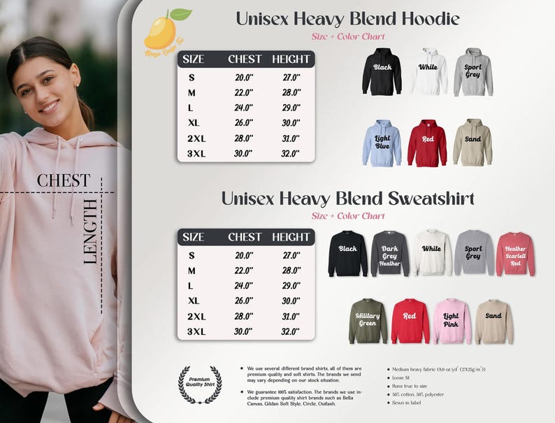 The image is a collage of various images, including a woman wearing a pink hoodie, a black and white sport sweatshirt, and a red and white sweatshirt. The collage also includes a chart with size and color information for a unisex heavy blend hoodie and a unisex heavy blend sweatshirt.