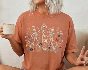 Comfort Colors® Dancing Wildflower Skeleton Shirt, Floral Halloween Graphic Yoga Tee, Vintage Dancing Skeletons Gift, Nature Lover T-Shirt