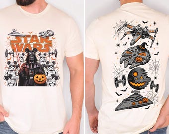 Vintage Star Wars Halloween Two Sided Tee, Spooky Darth Vader Pumpkin Shirt, Retro Sci-Fi Horror Movie Men's Cotton T-Shirt, Geek Gift
