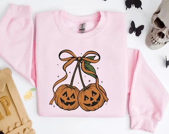 Spooky Season Pumpkin Cherry Halloween Sweatshirt, Pumpkin Cheeries Coquette Sweatshirt, Autumn Pumpkin Sweater, Halloween Gift For Women