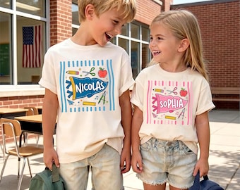 Personalized Kids Name Grade Pennants Striped Toddler Tee, Trendy Grade Crew Shirt, Pennant Flag Girl Boy First Day Of School Kids Outfit