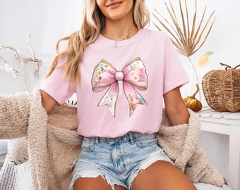 Cute Coquette Bunny Shirt, Aesthetic Rabbit Tee, Happy Easter Gift, Easter Girl Crewneck, Soft Girl Spring Outfit, Pink Coquette Easter Tee
