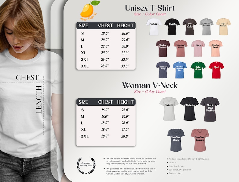 May include: Size chart for unisex t-shirts and women's v-neck t-shirts. The chart shows chest and height measurements in inches for sizes S, M, L, XL, 2XL, and 3XL. The chart also shows a variety of colors for each shirt style.