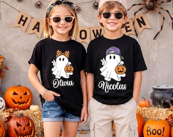 Custom Name Ghost Toddler T-Shirt, Personalized Halloween Kids Name Shirt, Cute Girls Ghost Tees, Boys Halloween Tee