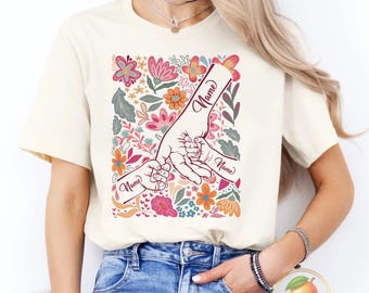 Personalized Floral Mother Hand With Kids Names Shirt, Custom Mom Shirt From Children Tee, Gift From Kids, Gift for Mom Mama