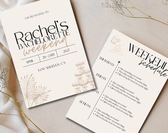 May include: Two cream-colored paper cards featuring black and tan text and line art. The invitation reads Rachel's Bachelorette Weekend, April 20-24, 2027, Los Angeles, CA. The schedule card lists Thursday through Sunday activities with icons.