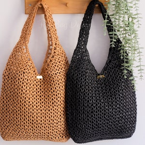 Cabas en raphia au crochet fauve, sac fourre-tout d'été, sac en paille et filet, fourre-tout léger, sac à bandoulière au crochet, sac une poignée