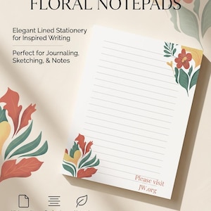 May include: A minimalist floral notepad with lined pages, adorned with floral corner designs in red, yellow, and green. The notepad features the text "MINIMALIST FLORAL NOTEPADS" and "Please visit JW.org". The notepad is designed for journaling, sketching, and notes.
