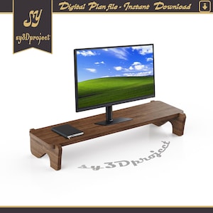 Könnte beinhalten: Ein Monitorständer aus dunklem Holz mit einem schwarzen Monitor, der eine grüne Wiese und einen blauen Himmel zeigt. Ein schwarzes Notizbuch liegt auf dem Ständer. Der Text "Digital Plan file - Instant Download" steht oben.