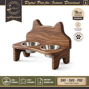May include: A wooden cat bowl stand with two stainless steel bowls. The stand is made of dark wood and features a cat-ear design on the top. The text "Digital Plan file - Instant Download" is visible. The stand is CNC friendly and easy to assemble.