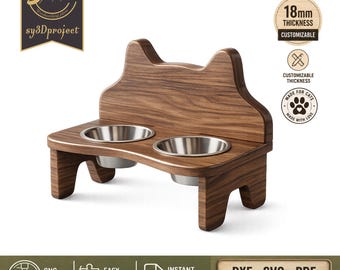 Cat Shaped Elevated Feeder CNC Router Plans; Raised Cat Bowl Stand Dxf Eps Pdf Svg Files, Wooden Customize Small Dog Bowl Stand Cutting Plan