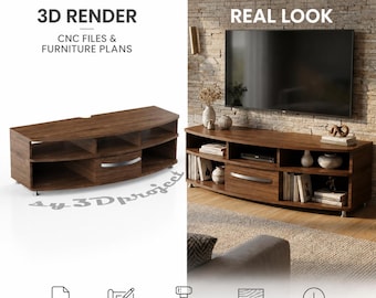 TV Ständer CNC Möbel Dateien - Nussbaum Konsolentisch Holzbearbeitungspläne - Modernes rundes Tv mit Schublade - DIY Kommode Pläne