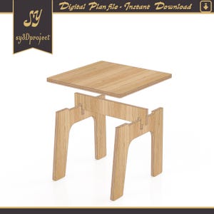 Puede incluir: Mesa de madera desmontada con tapa cuadrada y cuatro patas. La mesa es de madera clara y está diseñada para un fácil montaje. La imagen incluye el texto "Digital Plan file - Instant Download" y el logotipo "sy3dproject".