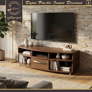 Archivos de muebles CNC para mueble de TV – Planos de carpintería para mesa consola de nogal – Mueble de TV moderno con cajón – Planos de cómoda DIY