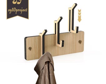 Perchero de pared de fácil montaje, archivo cortado con láser - Perchero moderno DXF SVG PDF - Organizador de ganchos de madera, proyecto CNC DIY, descarga digital