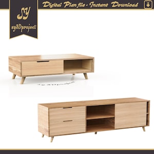 Puede incluir: Dos mesas de centro de madera con un acabado en madera clara. La mesa más pequeña tiene un cajón y un estante. La mesa más grande tiene dos cajones, un estante y dos puertas. Ambas mesas tienen cuatro patas.