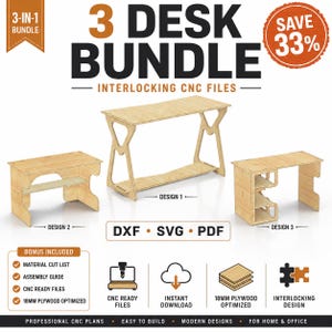 3 proyectos de escritorios de madera mecanizados por CNC / Colección de escritorios entrelazados para oficina en casa, descarga digital en formato DXF, SVG y PDF.