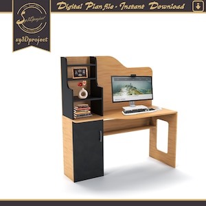 Escritorio moderno con estantería (archivos CNC), mesa de estudio para estudiantes (archivo DXF), plano de carpintería para escritorio de juegos de PC en madera contrachapada, diseño de muebles entrelazados (archivo SVG).