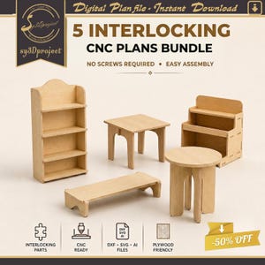 Op de afbeelding: Een verzameling van vijf in elkaar grijpende CNC-plannen voor houten meubels, waaronder een boekenplank, tafel, bank en kruk. De ontwerpen zijn eenvoudig te monteren en vereisen geen schroeven. De tekst "5 INTERLOCKING CNC PLANS BUNDLE" is ook opgenomen.
