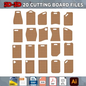Pode incluir: Um conjunto de 20 designs de tábuas de cortar em várias formas e tamanhos. Os designs são mostrados em marrom sobre um fundo branco. A imagem também inclui ícones para diferentes formatos de arquivo, incluindo DWG, EPS, DXF, SVG, PDF, STL e Ai.