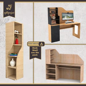 Puede incluir: Tres diseños diferentes de escritorios y estanterías de madera. El primer diseño es una estantería alta y estrecha con bordes curvos. El segundo diseño es un escritorio con una unidad de estantería encima. El tercer diseño es un escritorio de esquina con una unidad de estantería en el lateral. Todos los diseños están hechos de madera clara.