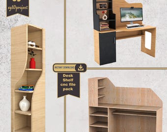 May include: Three different wooden desk and shelf designs. The first design is a tall, narrow shelf with curved edges. The second design is a desk with a shelf unit above it. The third design is a corner desk with a shelf unit on the side. All designs are made of light wood.