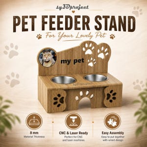 Puede incluir: Soporte de comedero para mascotas de madera con dos cuencos de acero inoxidable. El soporte presenta recortes de huellas de patas y el texto "PET FEEDER STAND" y "For Your Lovely Pet". Incluye una foto de un gato y el texto "my pet".