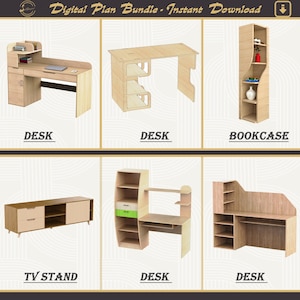 Może przedstawiać: Pakiet cyfrowych planów z różnymi wzorami mebli drewnianych, w tym biurka, regału i szafki RTV. Projekty mają nowoczesną estetykę, idealną dla majsterkowiczów. Widoczny jest tekst "Digital Plan Bundle - Instant Download".