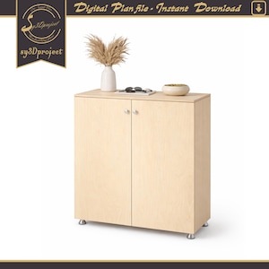 May include: A light-coloured wooden cabinet with two doors and silver knobs. The cabinet has a flat top with a vase, sunglasses, and a small bowl. The text "Digital Plan file - Instant Download" is at the top.