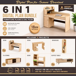 May include: Digital plan bundle featuring six furniture projects, including desks, a bookcase, a TV stand, and a coffee table. The plans are designed for CNC and DIY projects, with detailed step-by-step instructions and DXF files. The material is 18mm.