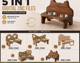 Flat Pack Cat Bowl Stand CNC Files Bundle, 5 in 1 Slot Together Pet Feeder SVG DXF Files, Laser Cut Cat Furniture, Raised Cat Bowl Plans