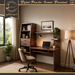 May include: A dark wood desk and shelving unit with a built-in desk, drawers, and shelves. A black laptop sits on the desk, with a black desk lamp and a beige office chair. The text "Digital Plan file - Instant Download" is at the top.