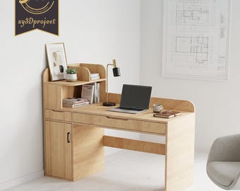 Planos de escritorio moderno para CNC (descarga digital en formato DXF, SVG, PDF, EPS). Diseño de muebles para oficina en casa (DIY). Planos de escritorio en PDF. Planos de muebles en formato DWG.