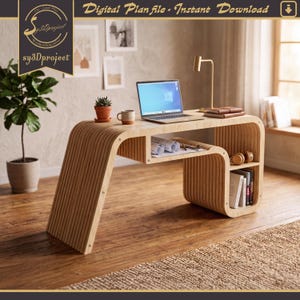 Archivos CNC para escritorio paramétrico / Vectores DXF para mesa de ordenador de madera contrachapada curva / Planos de carpintería de 18 mm y plantillas digitales para fresadora