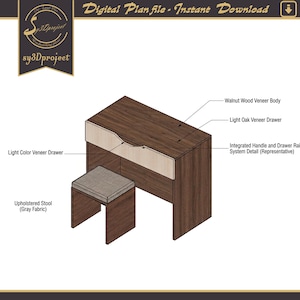Wooden Dressing Table Furniture Plans; Modern Walnut Dressing Table with Stool Dıy Plan, Minimalist Vanity Desk with Large Drawer Dxf Files