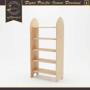 May include: A light-colored wooden bookshelf with five shelves. The bookshelf has a tall, arched design and is made of light-colored wood. The text "Digital Plan file - Instant Download" is at the top. The logo "sy3dproject" is in the upper left corner.