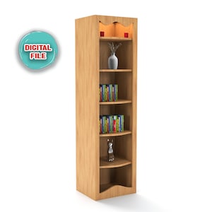 Może przedstawiać: Drewniana półka na książki z pięcioma półkami. Półki są zakrzywione i mają ozdobny pasek. Półka jest wypełniona książkami i wazą z suszonymi kwiatami. Na dolnej półce znajduje się mała metalowa figurka.