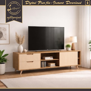 Progetto di un moderno mobile porta TV CNC compatibile con disegno digitale, console multimediale minimalista, progetto di mobili fai da te (PDF DXF SVG EPS) Disegno di una console multimediale fai da te