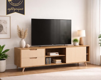 Planos de soporte de TV moderno compatibles con CNC. Dibujo digital. Consola multimedia minimalista. Planos de muebles para armar (PDF, DXF, SVG, EPS). Dibujo de consola multimedia para armar.