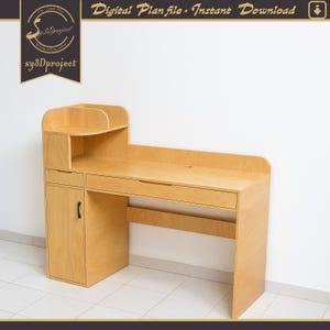 Projeto de mesa moderna para CNC, plano digital para download (DXF, SVG, PDF e EPS) Projeto de móveis DIY para escritório em casa, plano de mesa em PDF, plano de móveis em DWG