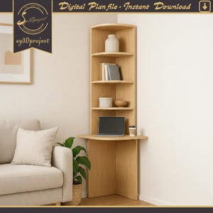 May include: A light wood corner desk with multiple shelves and a small desk area. The desk has a laptop, a coffee cup, and decorative items on the shelves. The text "Digital Plan file - Instant Download" is at the top.