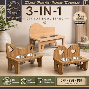 May include: Three wooden DIY cat bowl stands with stainless steel bowls. The stands have different designs, including heart and ear-shaped cutouts. Text on the image reads "3-IN-1 DIY CAT BOWL STAND" and "18mm Thickness Customizable".