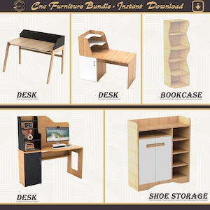 Puede incluir: Una colección de diseños de muebles CNC, que incluyen escritorios, una estantería y almacenamiento de zapatos. Los escritorios presentan varios diseños con detalles en madera y negro o blanco. La estantería tiene un diseño ondulado y el almacenamiento de zapatos tiene puertas blancas.